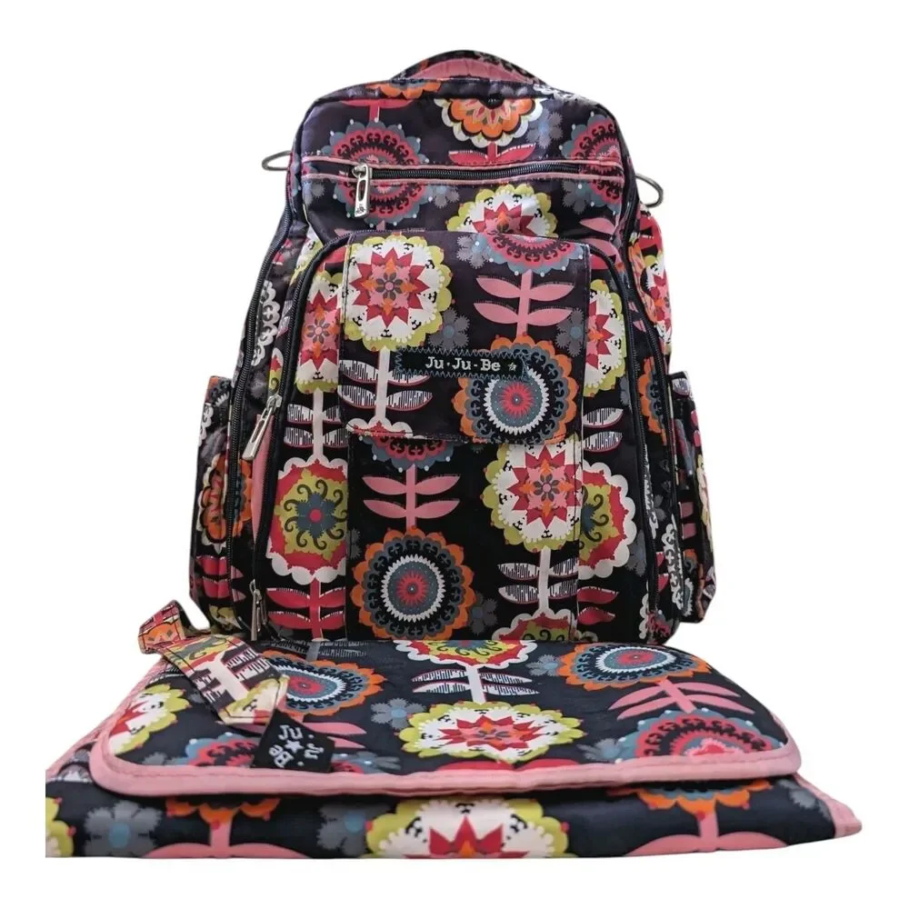 Ju•Ju•Be Dancing Dahlias Diaper Bag Backpack Daisy Floral Matching Pad Pink